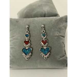 Southwestern Sterling Silver Triple Heart Turquoise & Coral Chip Inlay Earrings